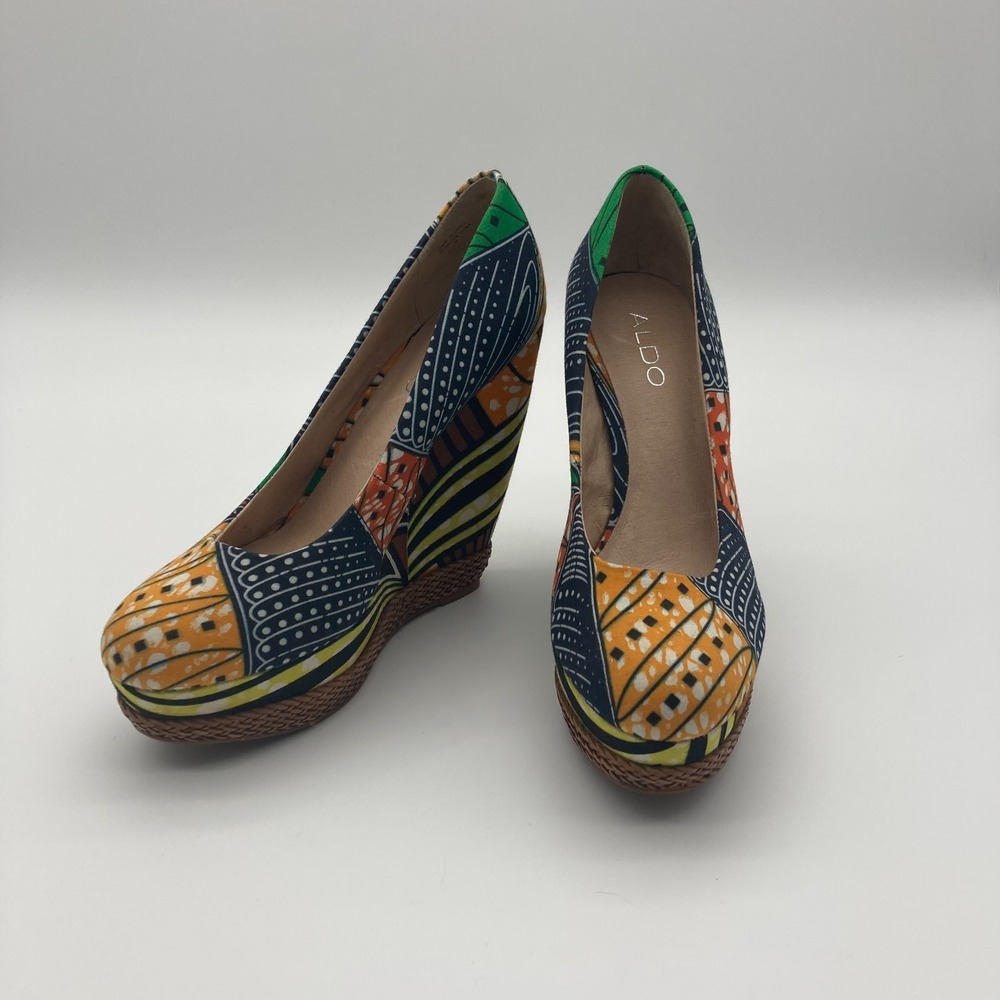 ALDO Forwood Platform Wedge Pump African Tribal Batik Geometric Print Heel Sz 38